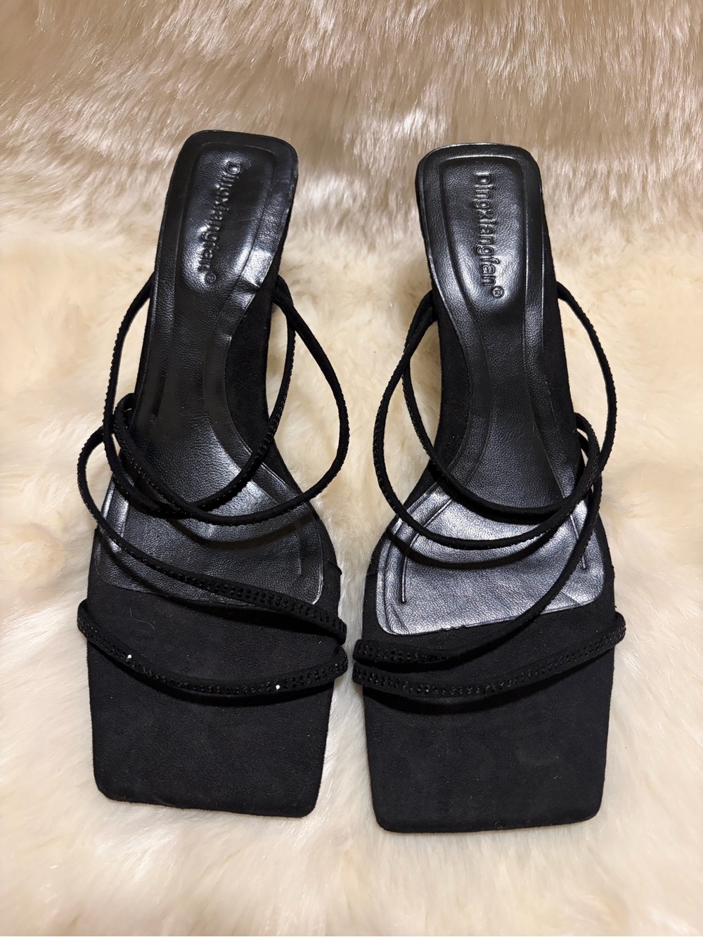 Black Strappy Square-Toe Heels with Delicate Wrap Straps